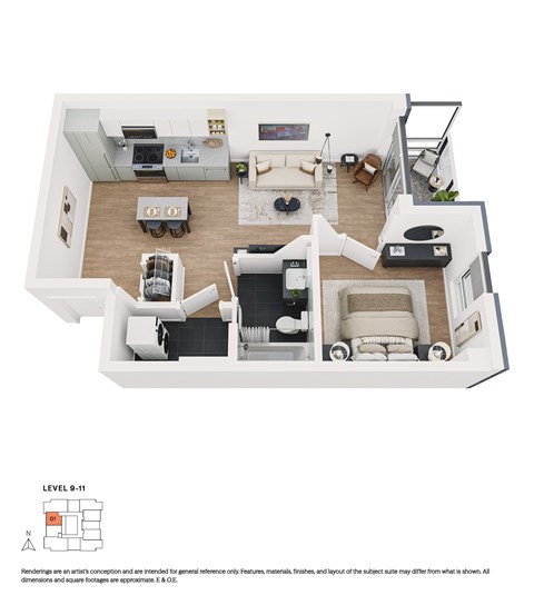 Floor plan for 1 bed, 1 bath, 492 sqft